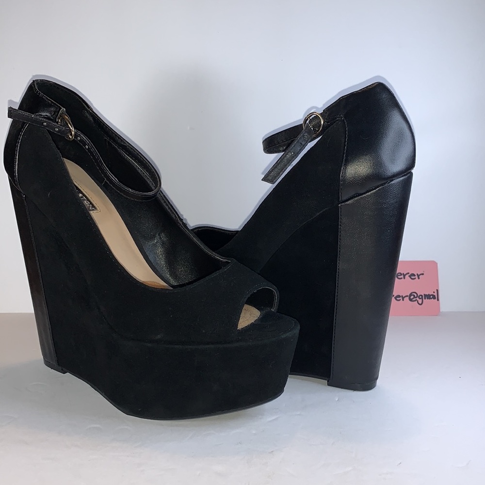 8.5 H By Halston 6 Inch Leather Heeled Ankle Strap Suede Wedges Vintage